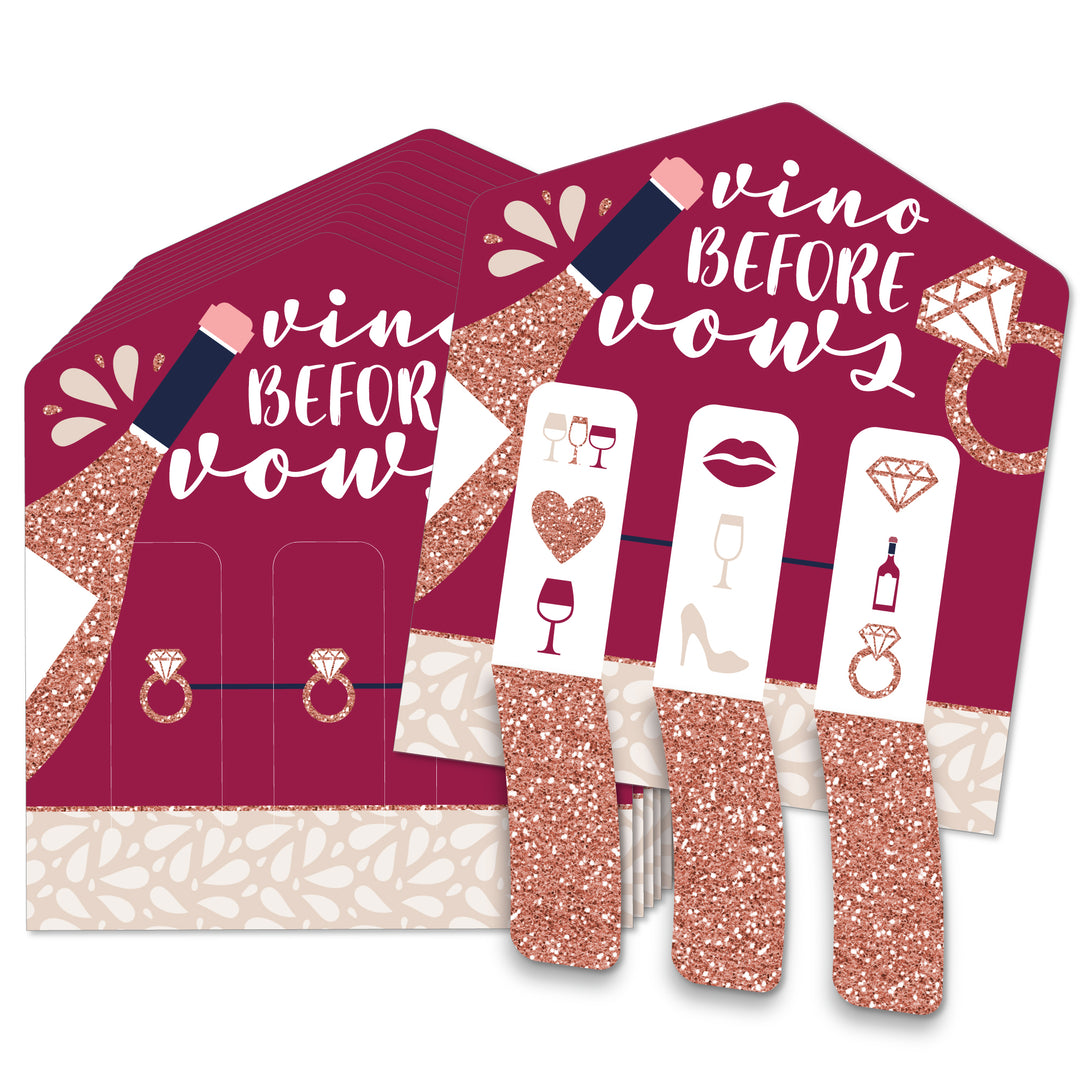 A set of 'Vino Before Vows' party game cards with pull tabs designed for bridal shower or bachelorette celebrations. The cards are primarily in shades of maroon and rose gold with decorative elements and text.