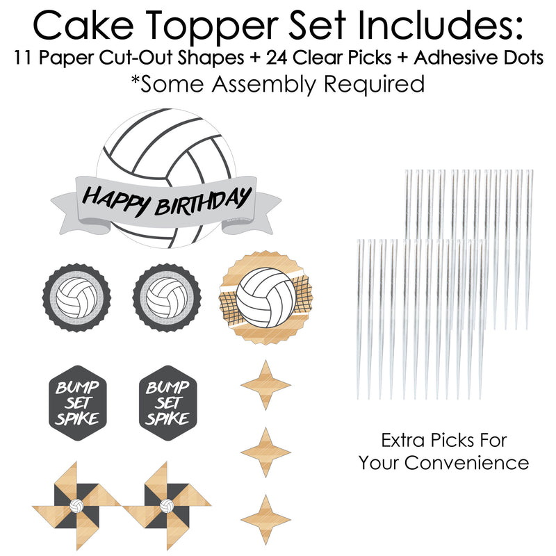 Bump, Set, Spike - Volleyball - Birthday Party Cake Decorating Kit - Happy Birthday Cake Topper Set - 11 Pieces