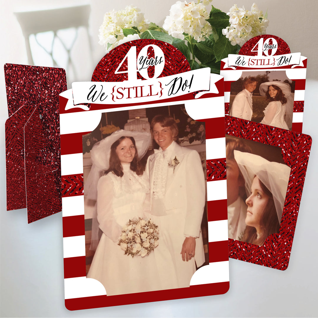 A set of red and white striped paper photo frames with '40 years We Still Do' text, designed for 4x6 photos, displayed with example photos.