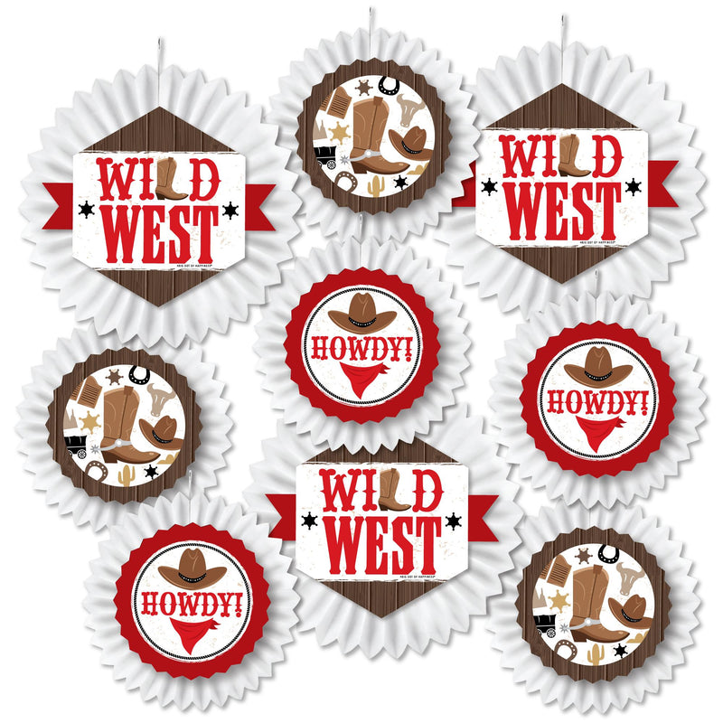 Western Hoedown - Hanging Wild West Cowboy Party Tissue Decoration Kit - Paper Fans - Set of 9