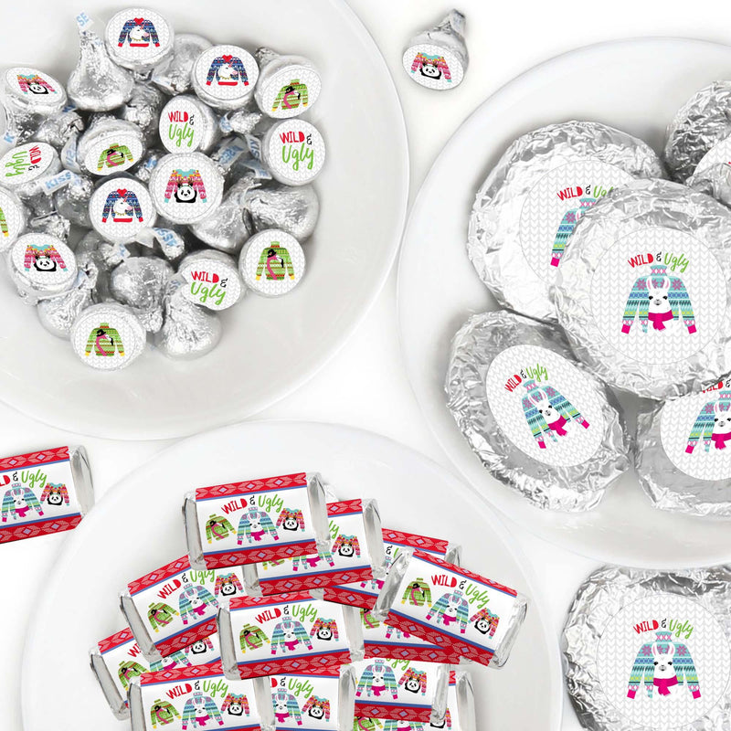 Wild and Ugly Sweater Party - Mini Candy Bar Wrappers, Round Candy Stickers and Circle Stickers - Holiday and Christmas Animals Party Candy Favor Sticker Kit - 304 Pieces