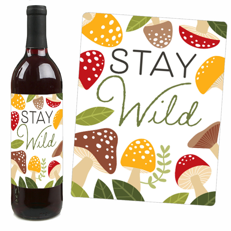 Wild Mushrooms - Red Toadstool Party Decorations for Women and Men - Wine Bottle Label Stickers - Set of 4