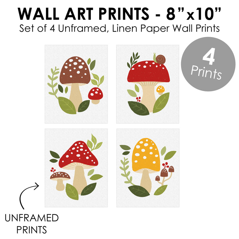 Wild Mushrooms - Unframed Red Toadstool Decor Linen Paper Wall Art - Set of 4 - Artisms - 8 x 10 inches
