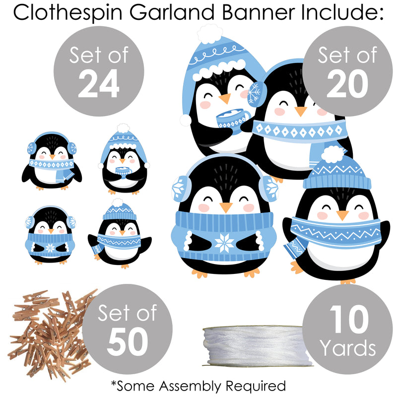 Winter Penguins - Holiday and Christmas Party DIY Decorations - Clothespin Garland Banner - 44 Pieces