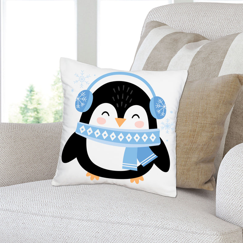 Winter Penguins - Holiday and Christmas Party Home Decorative Canvas Cushion Case - Throw Pillow Cover - 16 x 16 Inches