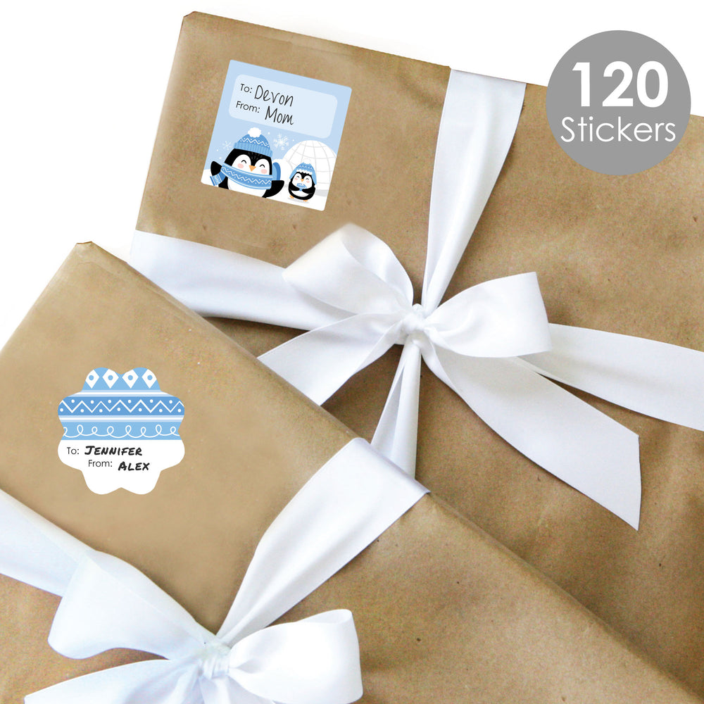 Winter Penguins - Assorted Holiday and Christmas Party Gift Tag Labels - To and From Stickers - 12 Sheets - 120 Stickers