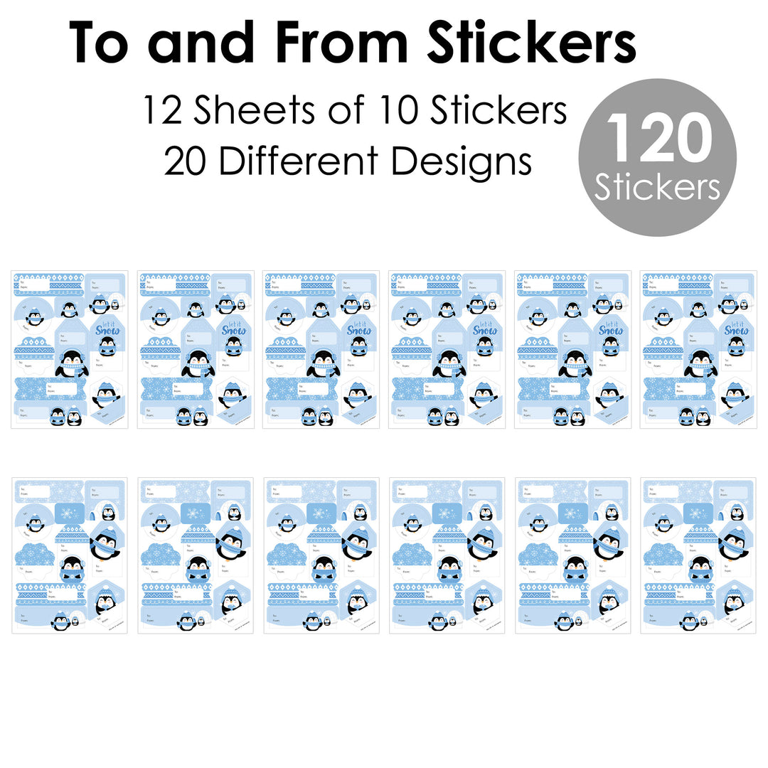 Winter Penguins - Assorted Holiday and Christmas Party Gift Tag Labels - To and From Stickers - 12 Sheets - 120 Stickers