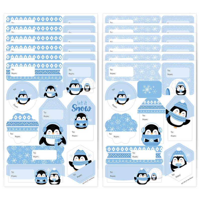 Winter Penguins - Assorted Holiday and Christmas Party Gift Tag Labels - To and From Stickers - 12 Sheets - 120 Stickers