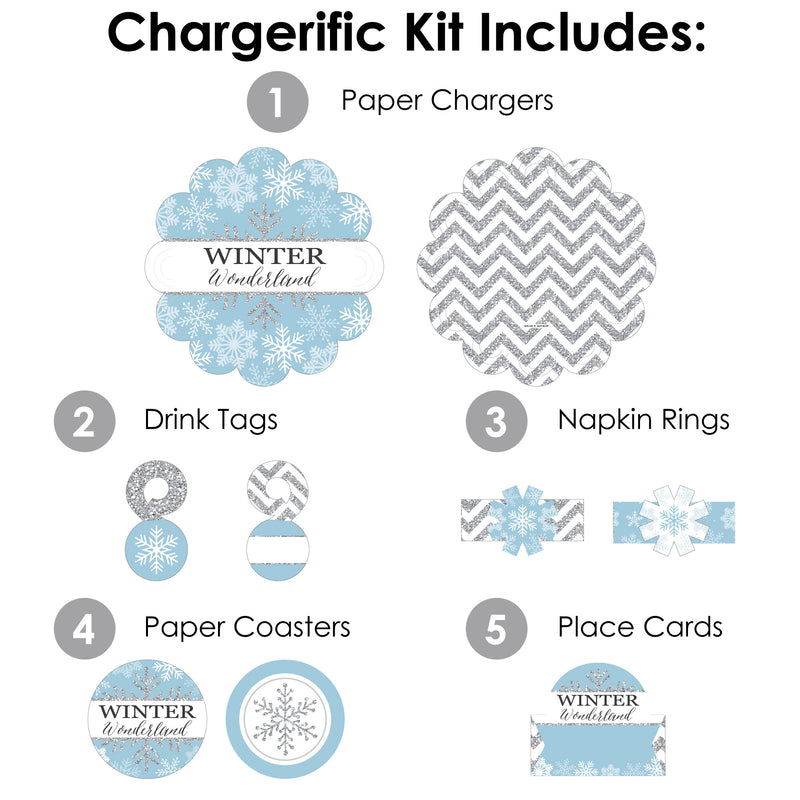 Winter Wonderland - Snowflake Holiday Party and Winter Wedding Paper Charger and Table Decorations - Chargerific Kit - Place Setting for 8