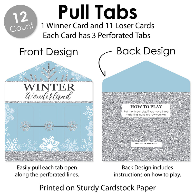 Winter Wonderland - Snowflake Holiday Party and Winter Wedding Game Pickle Cards - Pull Tabs 3-in-a-Row - Set of 12
