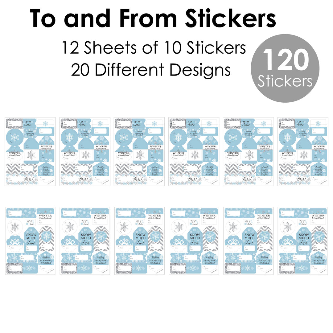 Winter Wonderland - Assorted Snowflake Holiday Party and Winter Wedding Gift Tag Labels - To and From Stickers - 12 Sheets - 120 Stickers