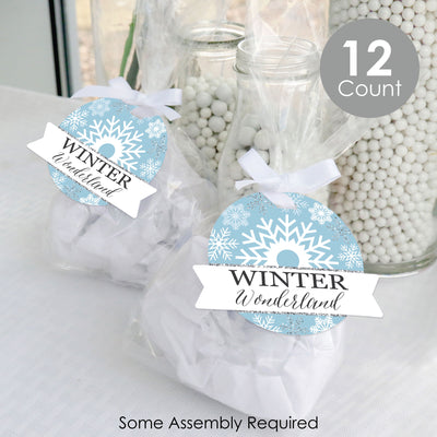 Winter Wonderland - Snowflake Holiday Party and Winter Wedding Clear Goodie Favor Bags - Treat Bags With Tags - Set of 12