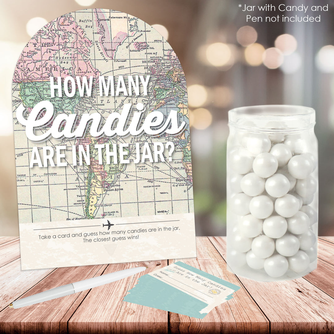 World Awaits - How Many Candies Travel Themed Party Game - 1 Stand and 40 Cards - Candy Guessing Game