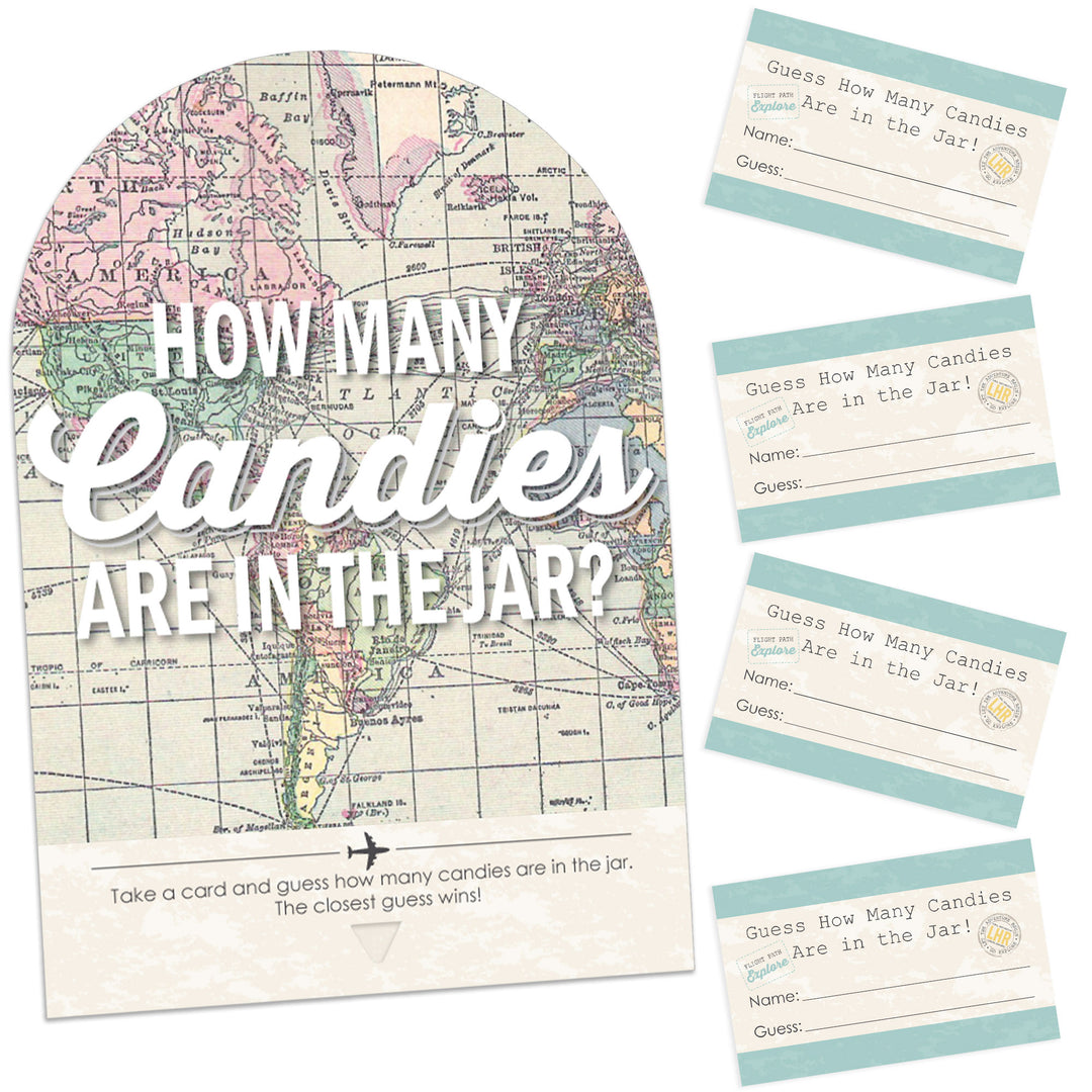 World Awaits - How Many Candies Travel Themed Party Game - 1 Stand and 40 Cards - Candy Guessing Game