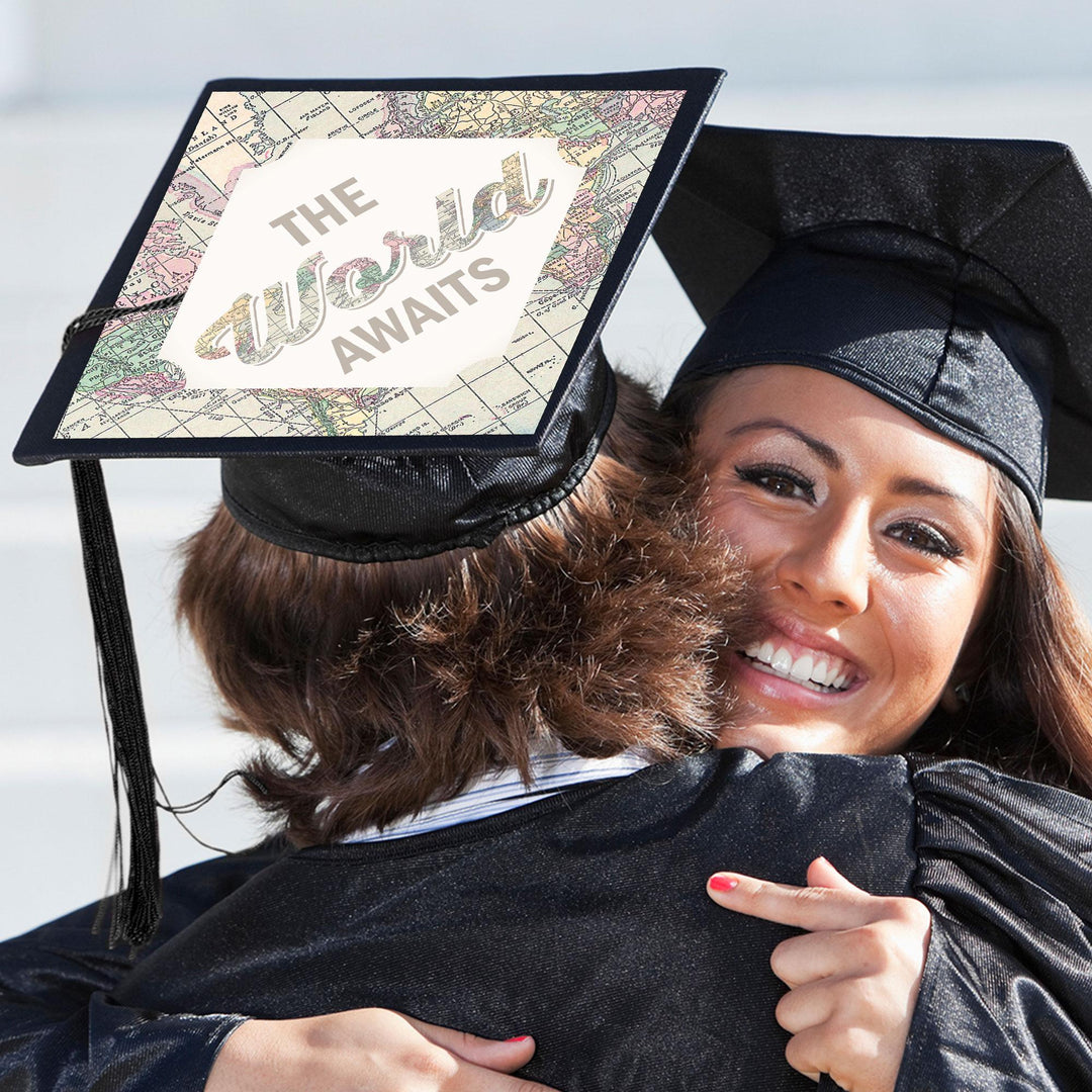 World Awaits - Travel Themed Graduation Cap Decorations Kit - Grad Cap Cover