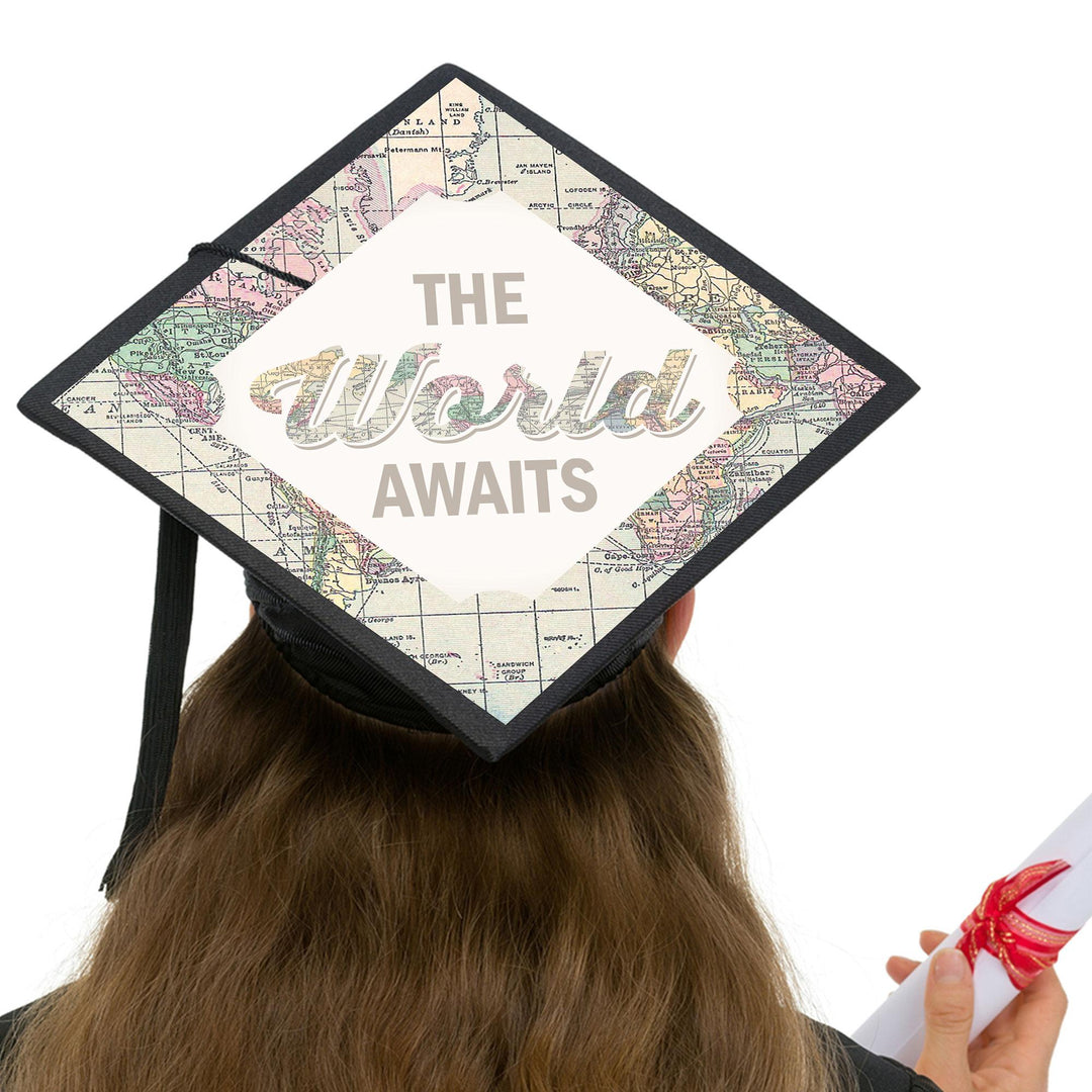 World Awaits - Travel Themed Graduation Cap Decorations Kit - Grad Cap Cover