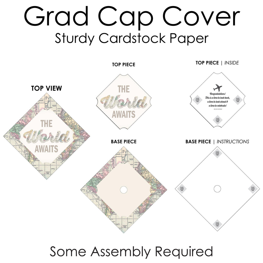 World Awaits - Travel Themed Graduation Cap Decorations Kit - Grad Cap Cover