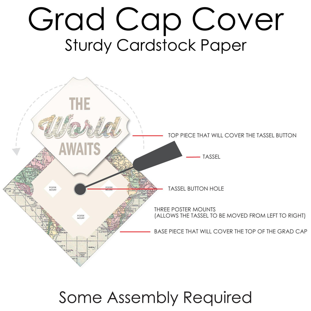 World Awaits - Travel Themed Graduation Cap Decorations Kit - Grad Cap Cover