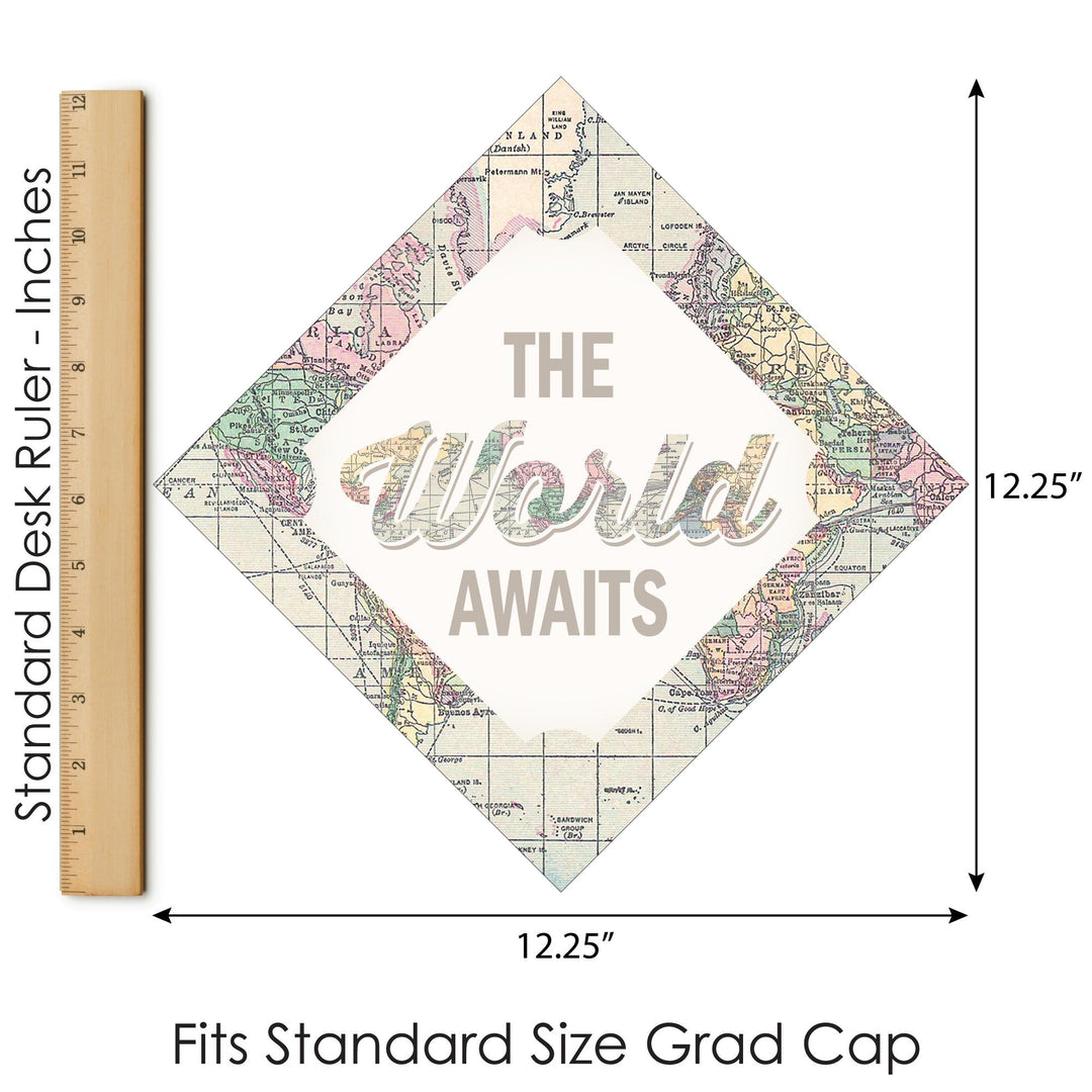 World Awaits - Travel Themed Graduation Cap Decorations Kit - Grad Cap Cover
