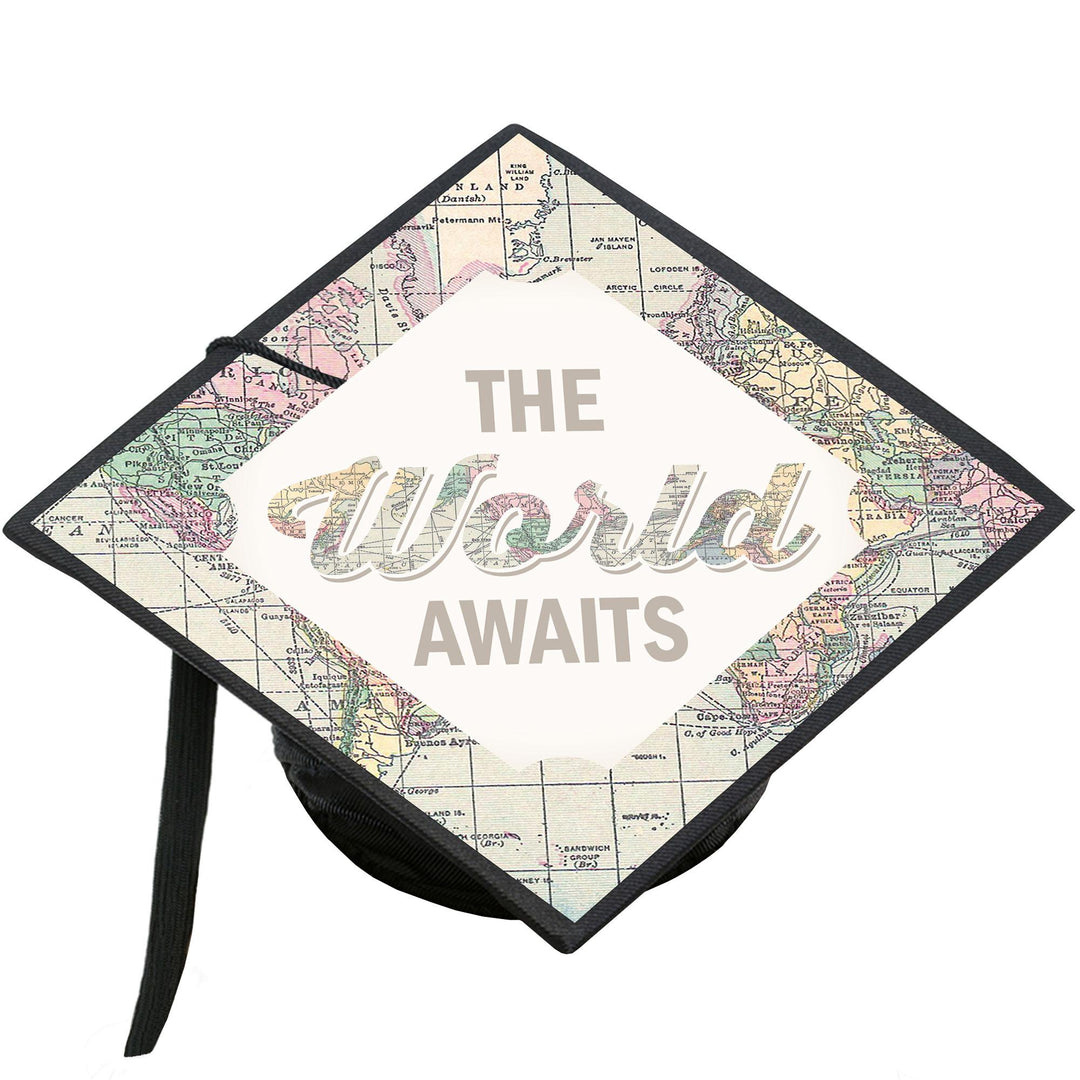 World Awaits - Travel Themed Graduation Cap Decorations Kit - Grad Cap Cover