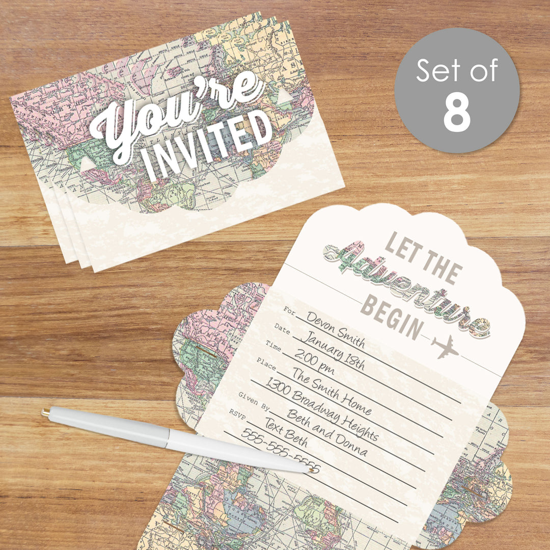 World Awaits - Fill-In Cards - Travel Themed Party Fold and Send Invitations - Set of 8