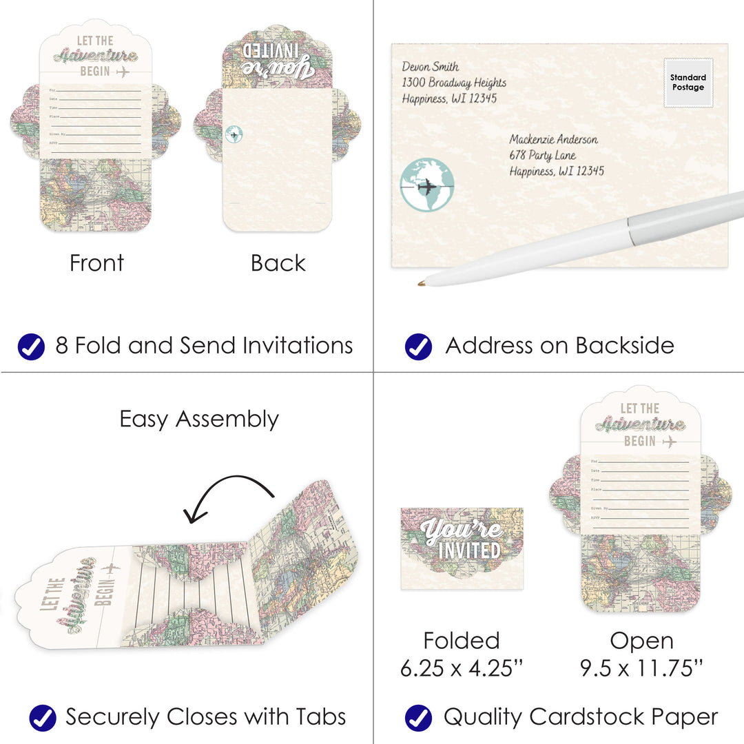 World Awaits - Fill-In Cards - Travel Themed Party Fold and Send Invitations - Set of 8