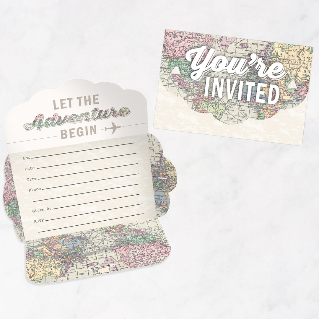 World Awaits - Fill-In Cards - Travel Themed Party Fold and Send Invitations - Set of 8