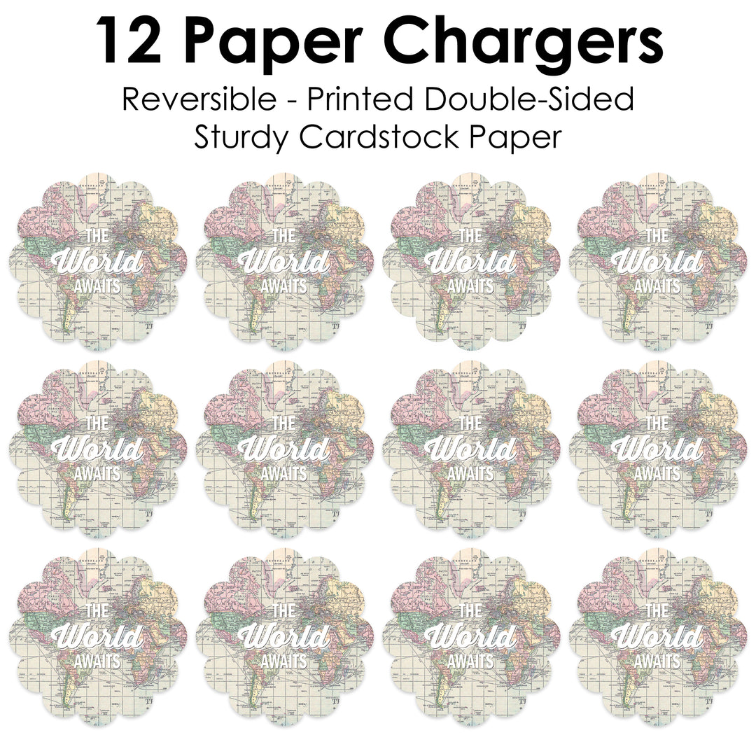 World Awaits - Travel Themed Party Round Table Decorations - Paper Chargers - Place Setting For 12