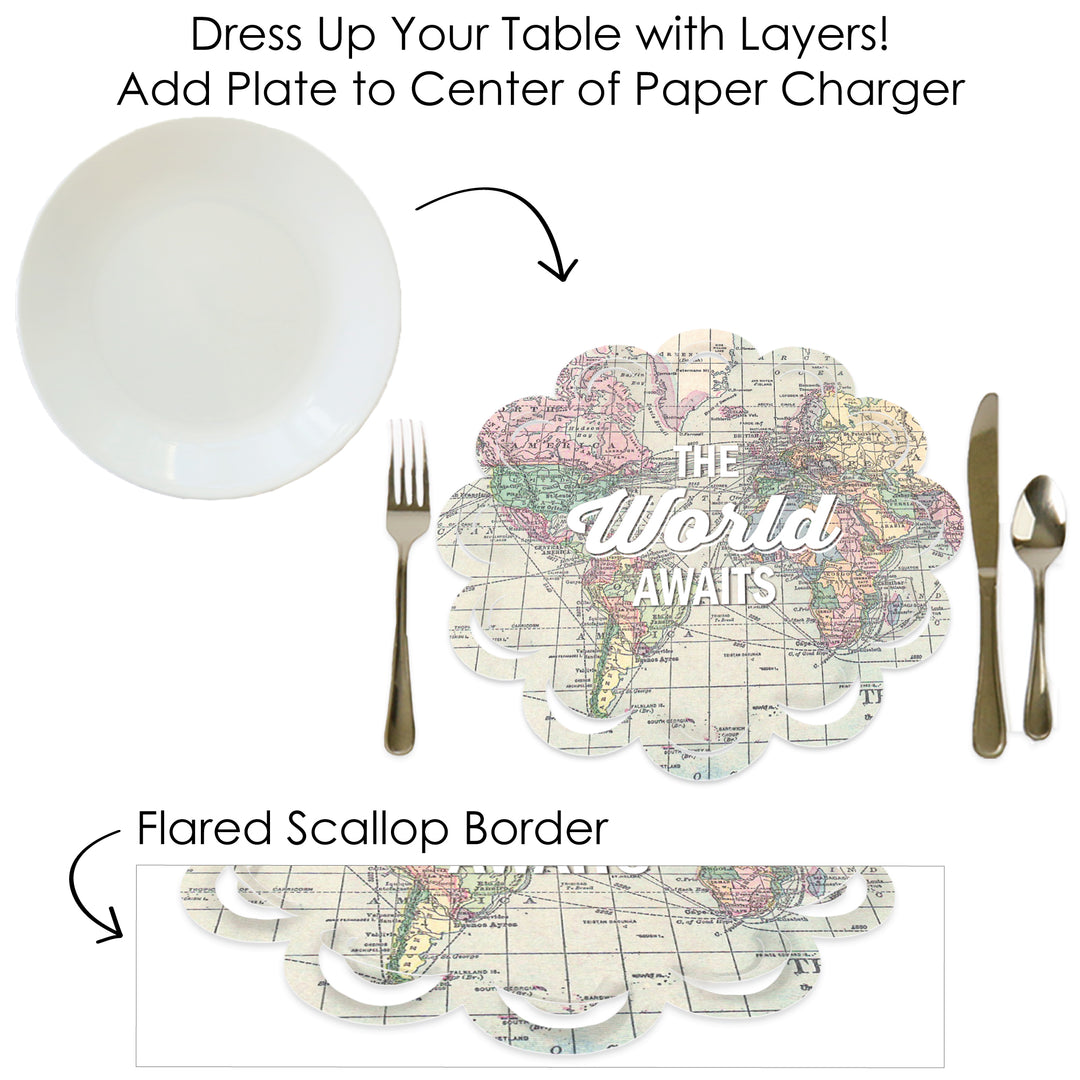 World Awaits - Travel Themed Party Round Table Decorations - Paper Chargers - Place Setting For 12