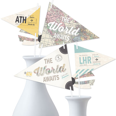 World Awaits - Triangle Travel Themed Party Photo Props - Pennant Flag Centerpieces - Set of 20