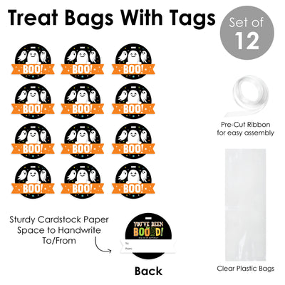 You've Been Booed - Ghost Halloween Party Clear Goodie Favor Bags - Treat Bags With Tags - Set of 12