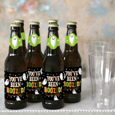 You've Been Boozed - Ghost Halloween Party Decorations for Women and Men - 6 Beer Bottle Label Stickers and 1 Carrier