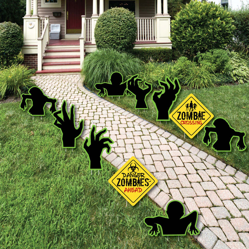 Zombie Zone - Sign and Zombie Hand Lawn Decorations - Outdoor Halloween or Birthday Zombie Crawl Party Yard Decorations - 10 Piece