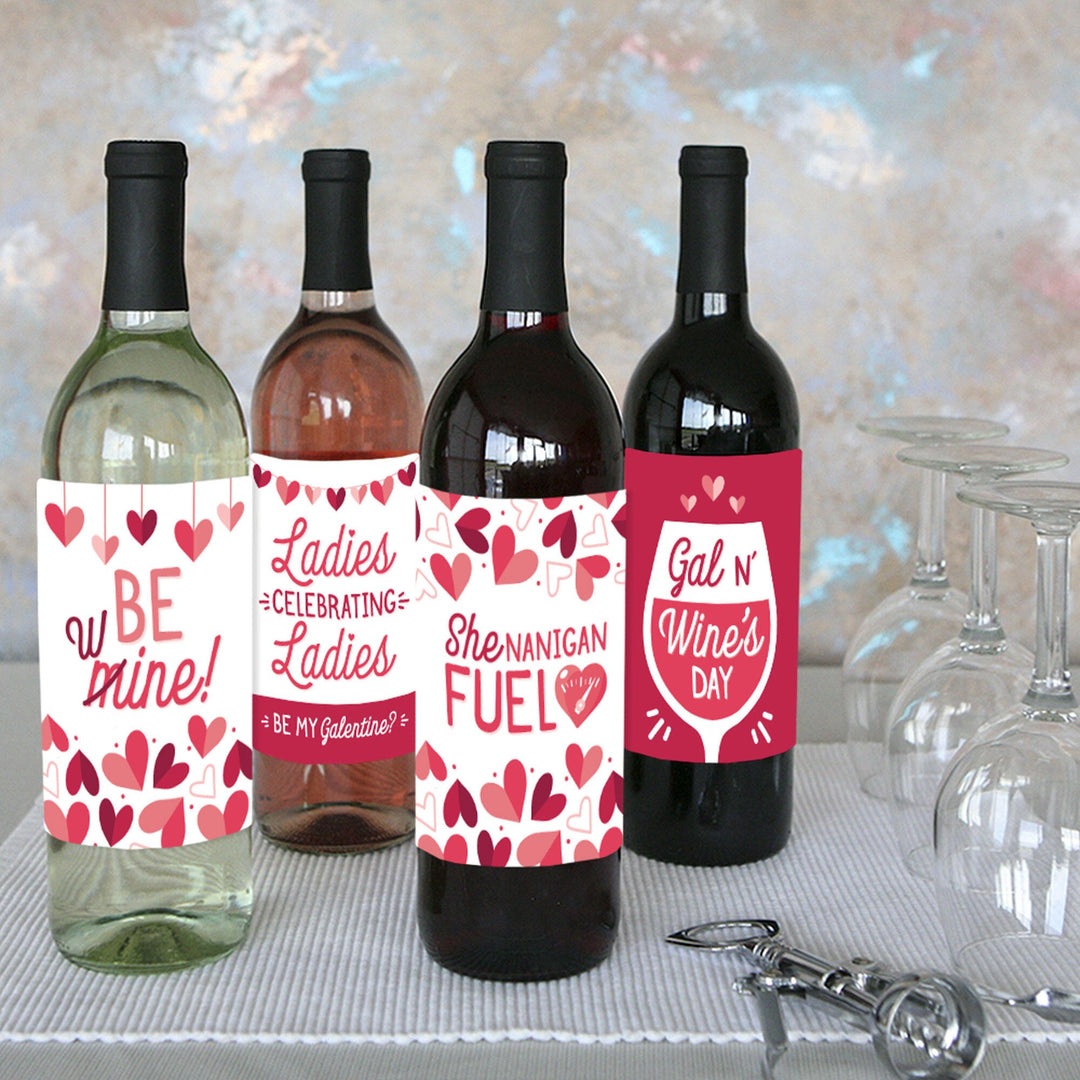 Happy Galentine's Day - Valentine's Day Party Decorations for Women and Men - Wine Bottle Label Stickers - Set of 4
