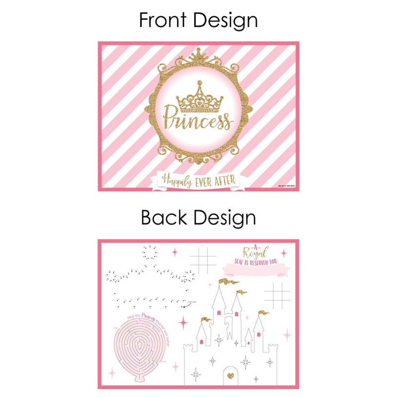 Little Princess Crown - Paper Pink and Gold Princess Birthday Party Coloring Sheets - Activity Placemats - Set of 16