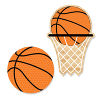 A set of two basketball-themed paper cut-outs, one depicting a basketball and the other a basketball hoop.