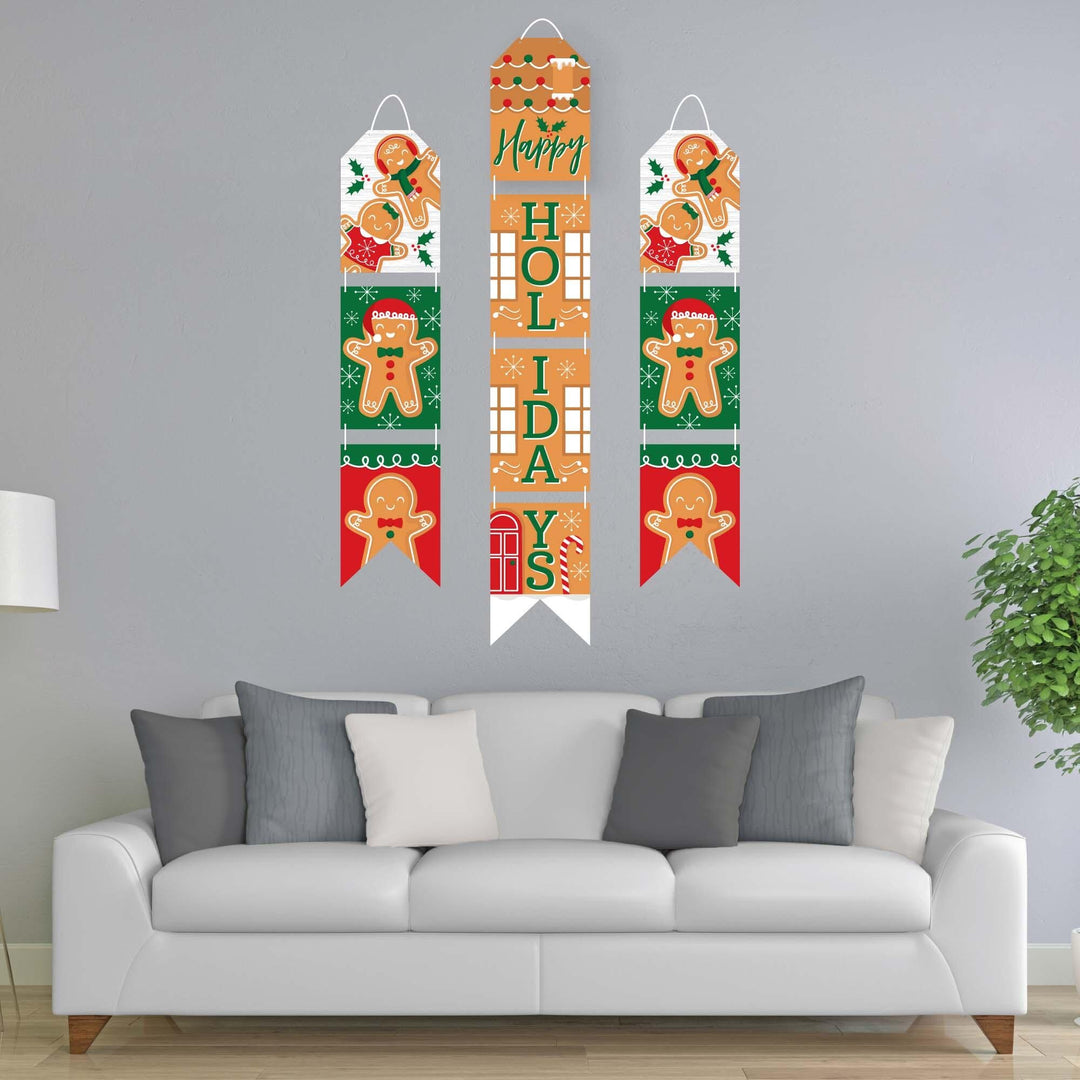 Gingerbread Christmas - Hanging Vertical Paper Door Banners - Gingerbread Man Holiday Party Wall Decoration Kit - Indoor Door Decor