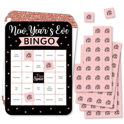 Rose Gold Happy New Year - Bar Bingo Cards and Markers - New Year's Eve Party Bingo Game - Set of 18