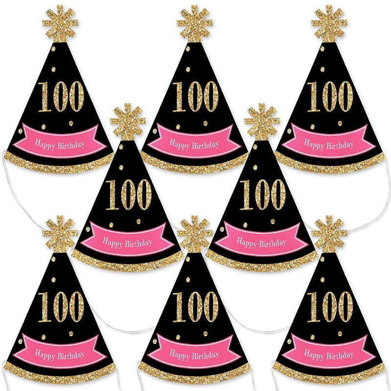Chic 100th Birthday - Pink, Black and Gold - Mini Cone Birthday Party Hats - Small Little Party Hats - Set of 8