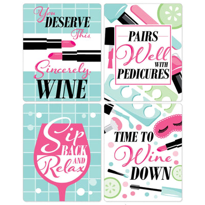 Spa Day - Girls Makeup Party Decorations for Women - Wine Bottle Label Stickers - Set of 4