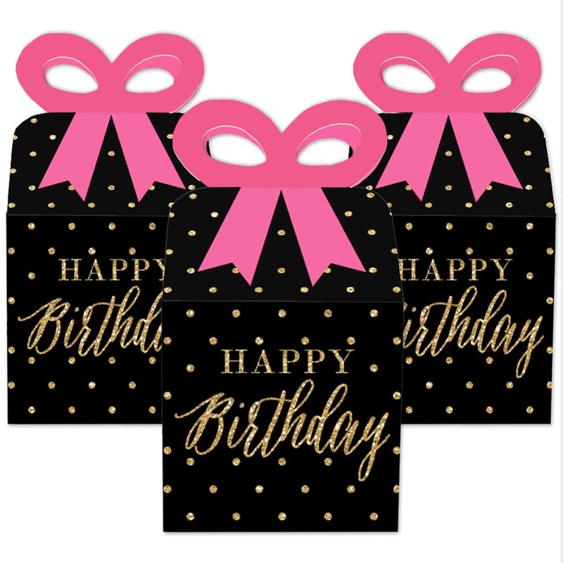 Chic Happy Birthday - Pink, Black and Gold - Square Favor Gift Boxes - Birthday Party Bow Boxes - Set of 12