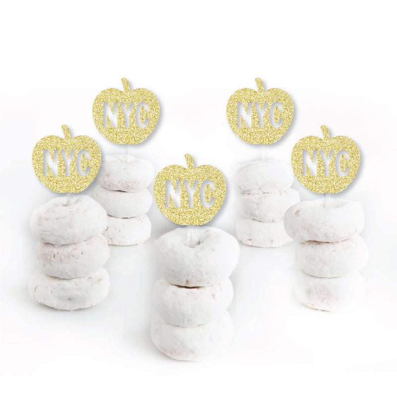Gold Glitter NYC Apple - No-Mess Real Gold Glitter Dessert Cupcake Toppers - New York City Party Clear Treat Picks - Set of 24