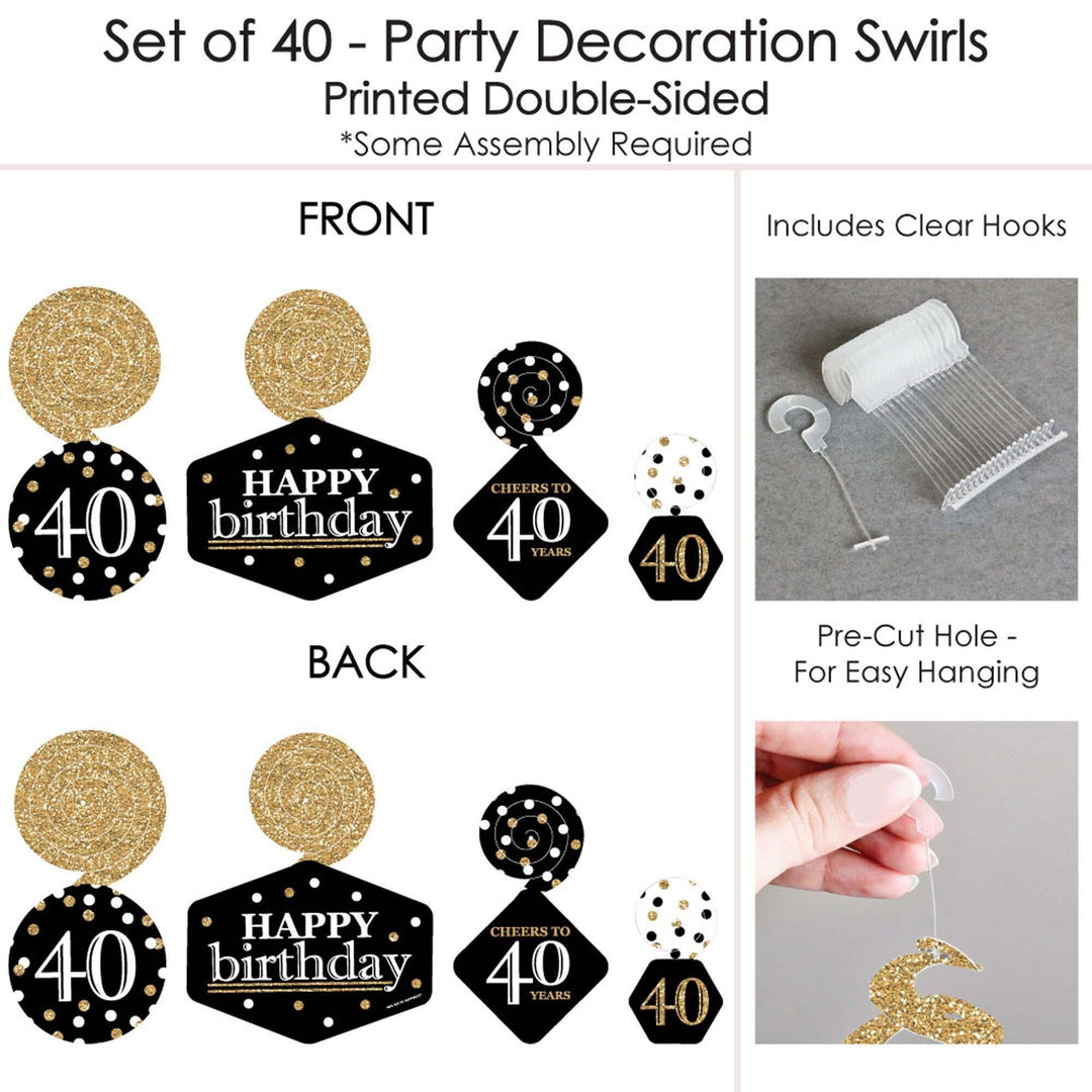 Adult 40th Birthday - Gold - Birthday Party Hanging Decor - Party Decoration Swirls - Set of 40