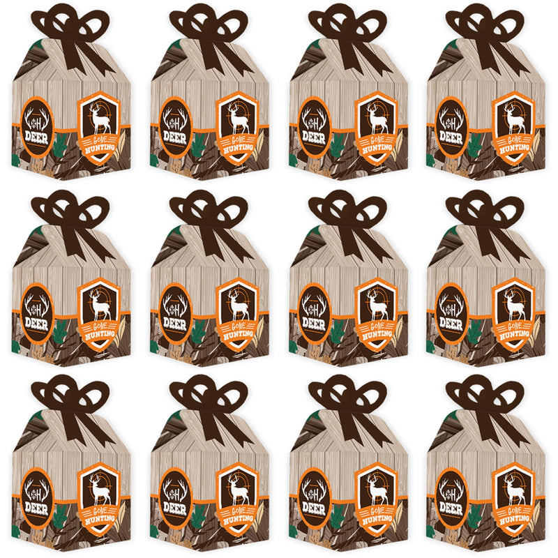 Gone Hunting - Square Favor Gift Boxes - Deer Hunting Camo Baby Shower or Birthday Party Bow Boxes - Set of 12