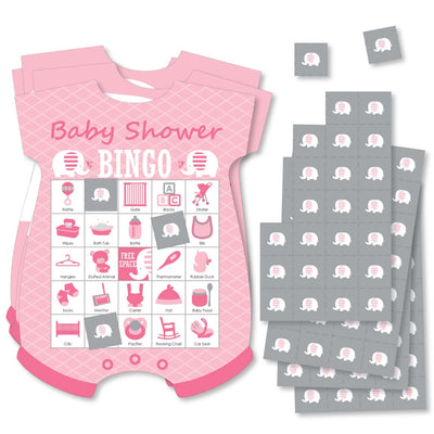 Pink Elephant - Picture Bingo Cards and Markers - Girl Baby Shower Shaped Bingo Game - Set of 18