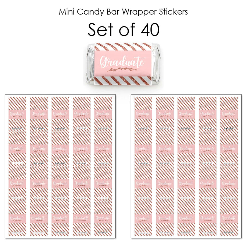 Rose Gold Grad - Mini Candy Bar Wrapper Stickers - Graduation Party Small Favors - 40 Count