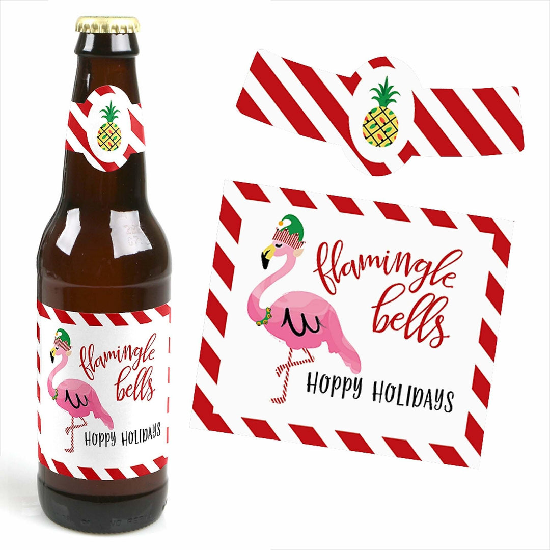 Flamingle Bells - Decorations for Women and Men - 6 Tropical Flamingo Christmas Beer Bottle Label Stickers and 1 Carrier