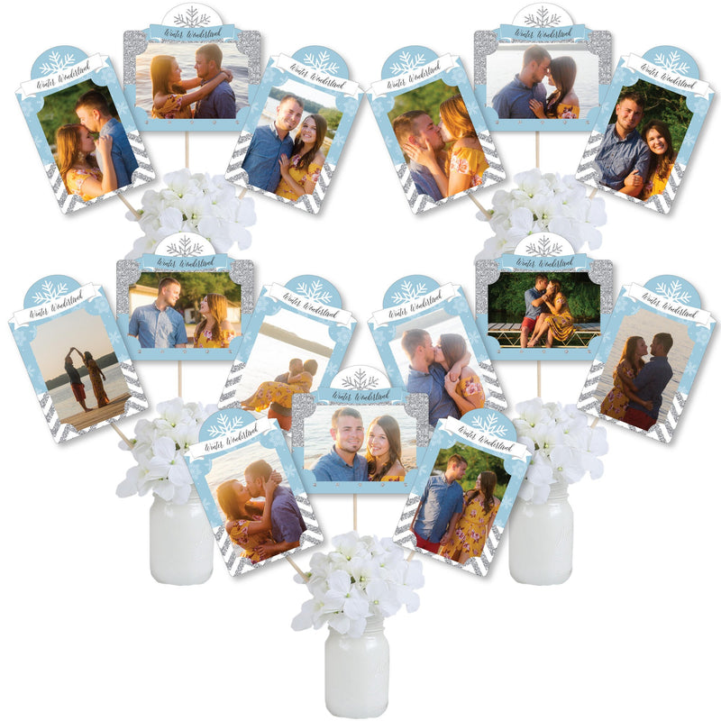 Winter Wonderland - Snowflake Holiday Party and Winter Wedding Picture Centerpiece Sticks - Photo Table Toppers - 15 Pieces