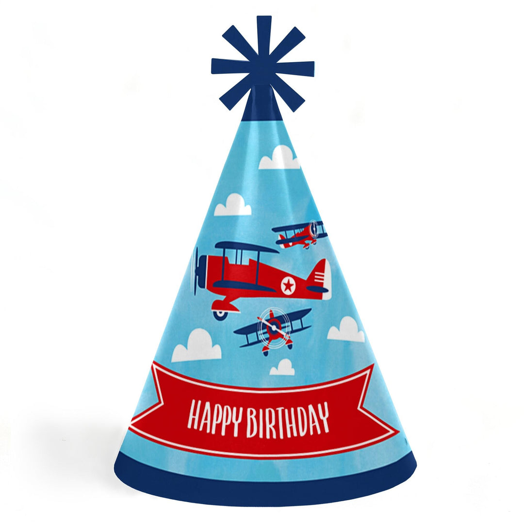 A cone-shaped 'Happy Birthday' party hat with a airplane theme, featuring a blue background, red airplanes, and a festive star at the top.
