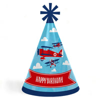 A cone-shaped 'Happy Birthday' party hat with a airplane theme, featuring a blue background, red airplanes, and a festive star at the top.